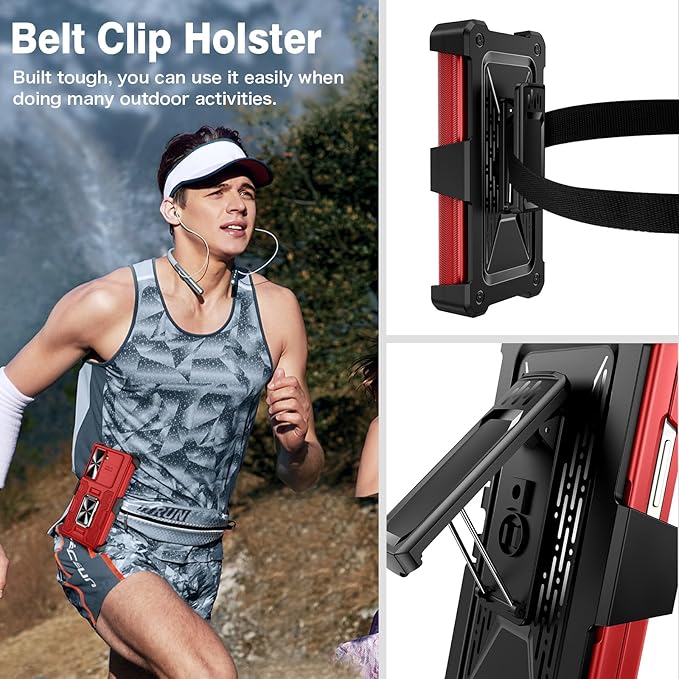 VEGO for Galaxy Z Fold 6 Case with Belt Clip Holster, 360°Ring Magnetic Kickstand & Camera Cover & Front Screen Protector & Hinge Protection Shockproof Cover for Z Fold 6 - Classic Red