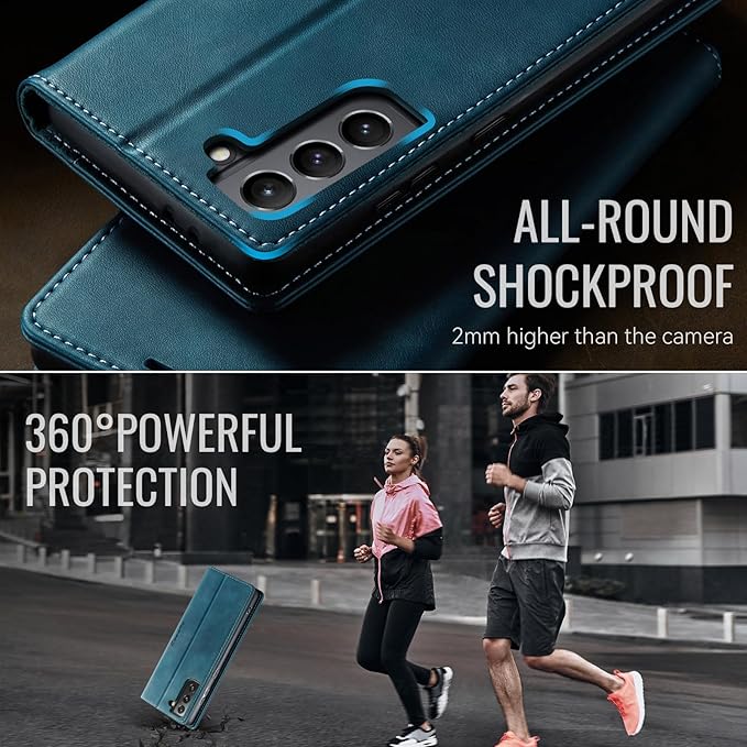 Wallet Case for Samsung Galaxy S21 Leather Wallet Flip Cover with Card Holder, Kickstand, Magnetic Closure, RFID Blocking TPU Shockproof Phone Case Compatible with S21, Blue-Green