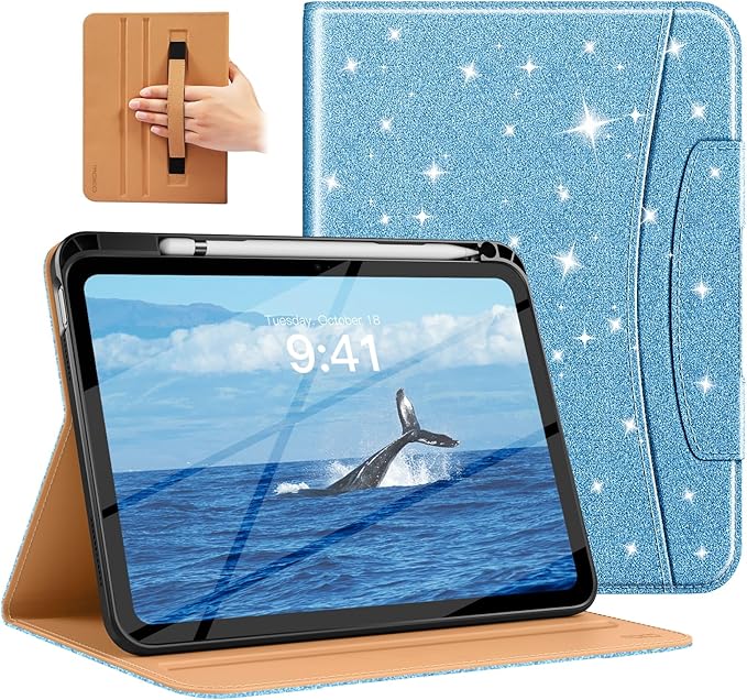 MoKo for iPad (A16) 11th Generation Case 11 inch 2025, iPad 10th Generation Case 10.9" 2022 with Pencil Holder & Pocket, Premium Leather Folio Stand Cover, Multiple Viewing Angles,Glitter Sky Blue