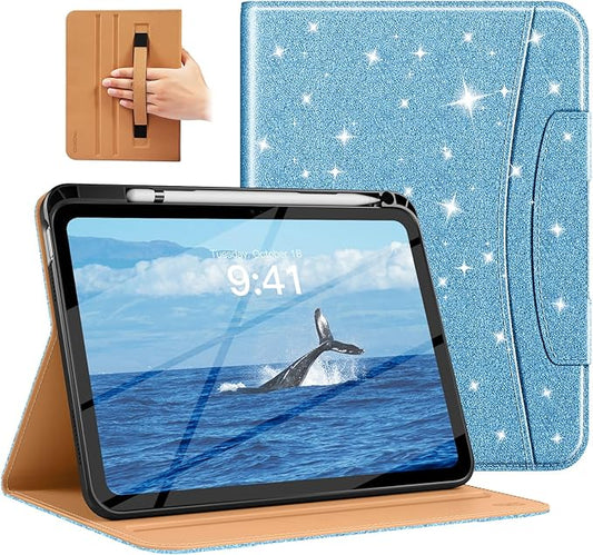 MoKo for iPad (A16) 11th Generation Case 11 inch 2025, iPad 10th Generation Case 10.9" 2022 with Pencil Holder & Pocket, Premium Leather Folio Stand Cover, Multiple Viewing Angles,Glitter Sky Blue