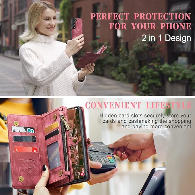 SZHAIYU 2 in 1 Detachable for Samsung Galaxy S23 Wallet Case with Card Holder, Retro Premium Flip Leather Cover Magnetic Zipper Pocket Phone Cases 6.1'' (Red,S23)