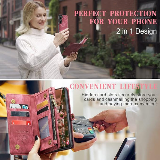 SZHAIYU 2 in 1 Detachable for Samsung Galaxy S23 Wallet Case with Card Holder, Retro Premium Flip Leather Cover Magnetic Zipper Pocket Phone Cases 6.1'' (Red,S23)