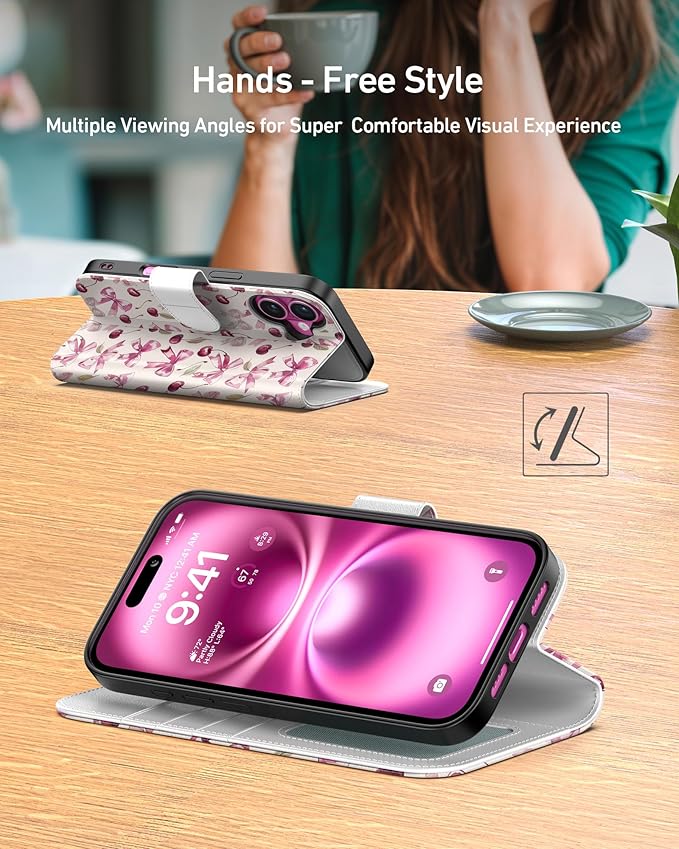 DEENAKIN for iPhone 16 Plus Wallet Case with Card Holder + Cash Clip, RFID-Blocking, Military-Grade Drop Protection, Magnetic Closure with Leather Kickstand - Cherry & Bowknot