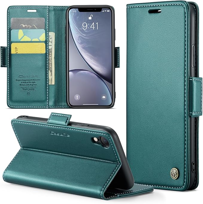 for iPhone XR Case, Premium PU Leather Wallet Case Flip Cover with [RFID Blocking][Card Holder][Stand Function] Shockproof Protective for Apple iPhone XR, Blue-Green