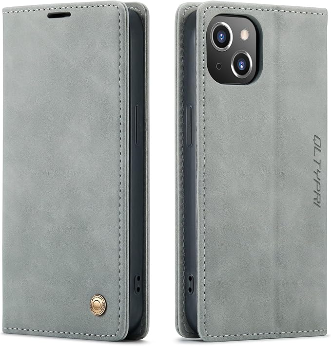 QLTYPRI Case for iPhone 14, Vintage PU Leather Wallet Case Card Slot Kickstand Magnetic Closure Shockproof Flip Folio Book Case Cover for iPhone 14(6.1 inch) - Grey