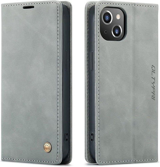 QLTYPRI Case for iPhone 14, Vintage PU Leather Wallet Case Card Slot Kickstand Magnetic Closure Shockproof Flip Folio Book Case Cover for iPhone 14(6.1 inch) - Grey