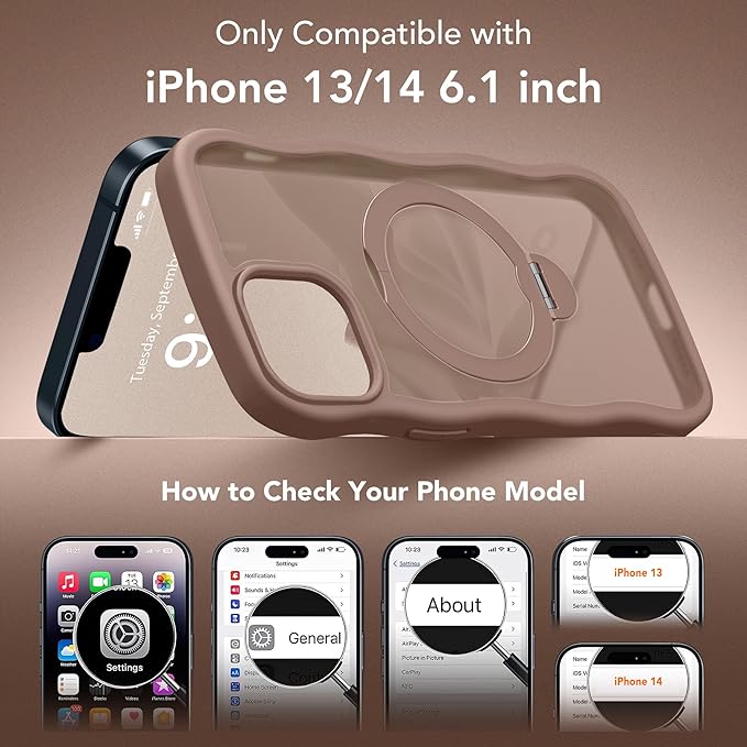 for iPhone 13 Case & iPhone 14 Case for Women,[Compatible with Magsafe][360° Spin Magnetic Stand][Cute Wave Edge][Military-Grade Protection]Translucent Matte Phone case for iPhone 13/14, Brown