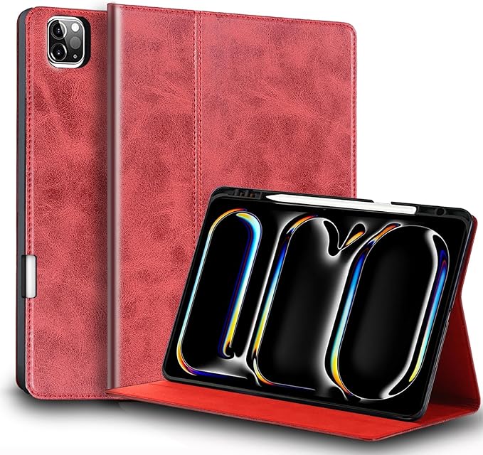 for Ipad Pro 11-inch Case M4 5th Gen 2024(Model:A2836/A2837) Genuine Leather Cover Protective Shell,Built-in Pencil Holder and Auto Wake/Sleep.Red