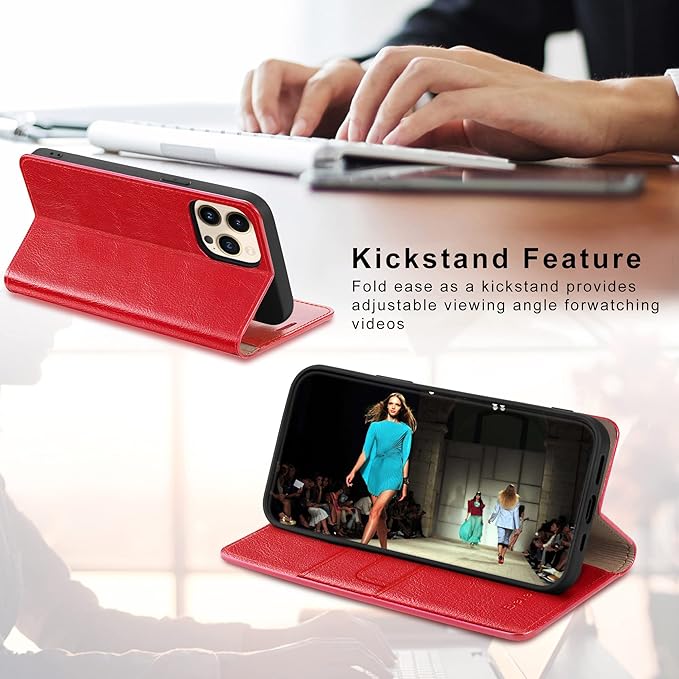 Belemay Compatible with iPhone 14 Pro Wallet Case-Genuine Leather Flip Phone Case-RFID Blocking Card Holders-Shockproof TPU Shell Folio Book Cover Women Men Compatible with iPhone 14 Pro (6.1") Red