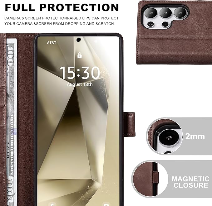 Case for Galaxy S25 Ultra 6.9"-Genuine Leather Folio Wallet Case with Kickstand RFID Blocking Card Holder Magnetic Protective Phone Cover Compatible with Galaxy S25 Ultra 2025 (Darkbrown)