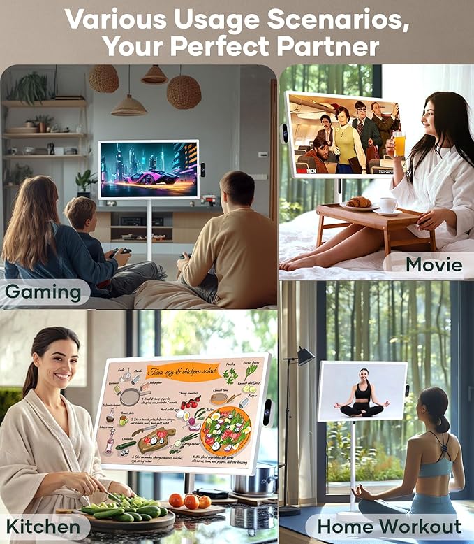 32 Inch Mobile Portable TV Stand on Wheels Support Google Store Full Swivel Rotation Portable Touch Screen Monitor Built-in Battery Smart Rolling Tablet TV 4K Camera Remote Control White