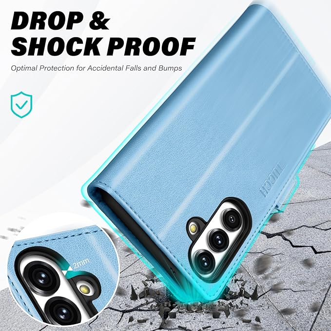 TUCCH Case Wallet for Galaxy S25 FE 5G, Magnetic PU Leather Kickstand [RFID Blocking] 4 Card Slots Flip Cover with [TPU Shockproof Interior Shell] (6.7") 2025, Pearly Light Blue