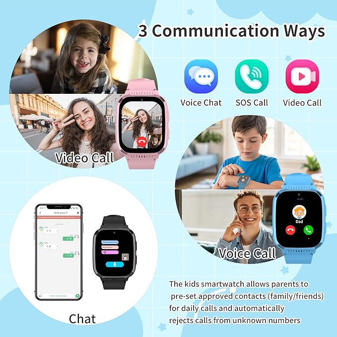 4G Kids Smart Watch Boys with GPS Tracker Video Calling Texting, Waterproof Smartwatches Age 5-13, One-Key SOS Call Voice Chat Cell Phone Watch with Alarm Clock Game HD Camera (Blue)