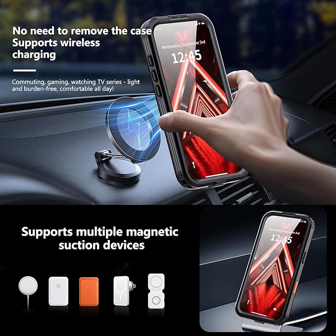 GOLDJU Magnetic for iPhone 17 Case-Waterproof, Built-in Screen & Camera Protector-IP68 Underwater Full Body 16FT Military Dropproof Shockproof Case for 17 6.3''- Black