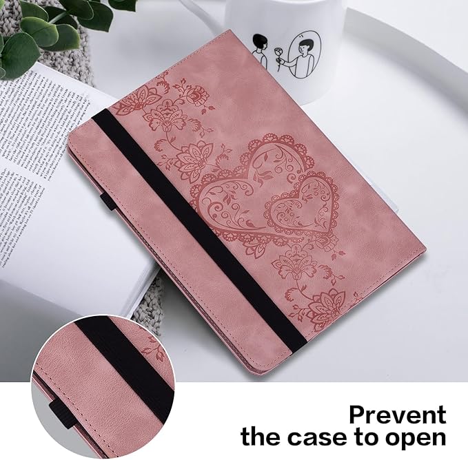 Case for Lenovo Idea Tab Pro 12.7 Inch 2025, Embossed Heart PU Leather Protective Tablet Case with Elastic Band & Card Slots/Holder, Multi-Angle Viewing Stand Cover ，Pink