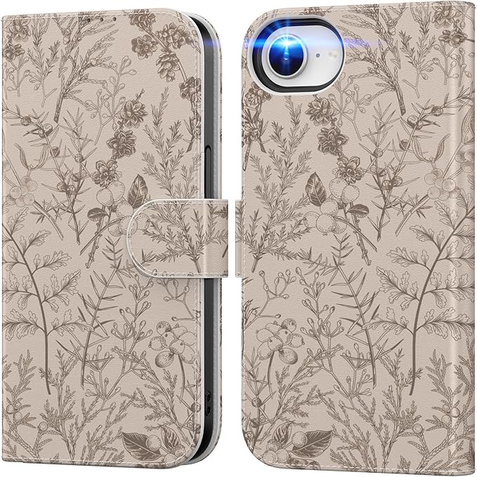 DEENAKIN for iPhone 16e Wallet Case with Card Holder + Cash Clip, RFID-Blocking, Military-Grade Drop Protection, Magnetic Closure with Leather Kickstand - Serene Foliage