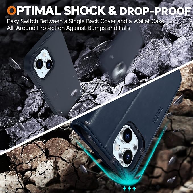 TUCCH Wallet Case for iPhone 15, [Detachable] 2-in-1 Stand RFID Blocking 4 Card Slot [Wireless Charging] Protective Case, Magnetic PU Leather Removable Folio Compatible with iPhone 15 6.1", Dark Blue