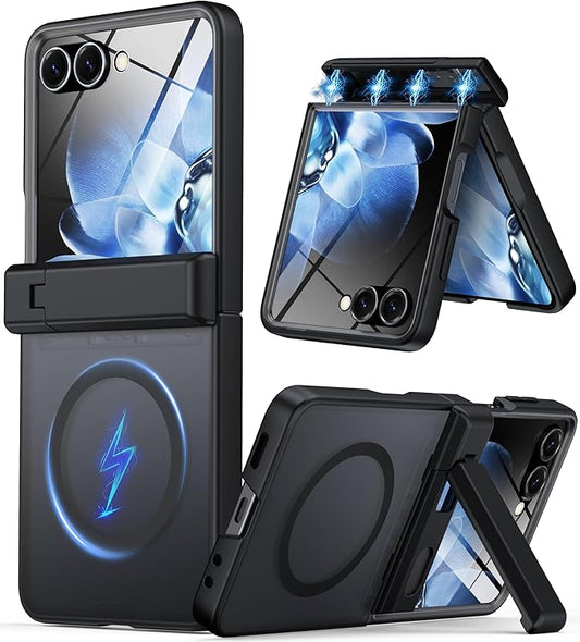 for Samsung Galaxy Z Flip 7 Case Fit for Magsafe [Hinge Protection＆ Kickstand][Built-in Screen Protector][Translucent Matte] 15FT Military Shockproof Full Body Phone Case for Z Flip 7,Black
