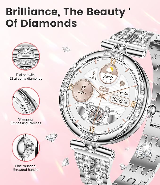 LIGE Smart Watches for Women (Answer/Make Call) with Diamonds，1.19” AMOLED Smartwatch,IP68 Waterproof Fitness Tracker 120 Sport Modes Pedometer for Android iOS,Sliver