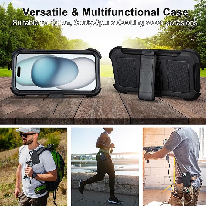 for Black Case iPhone 15 Case with Belt Clip, for Shockproof Case iPhone 15 Heavy Duty,3 Layers of Sturdy,Anti-Drop,Military-Grade Defender Cover for iPhone15Case Black