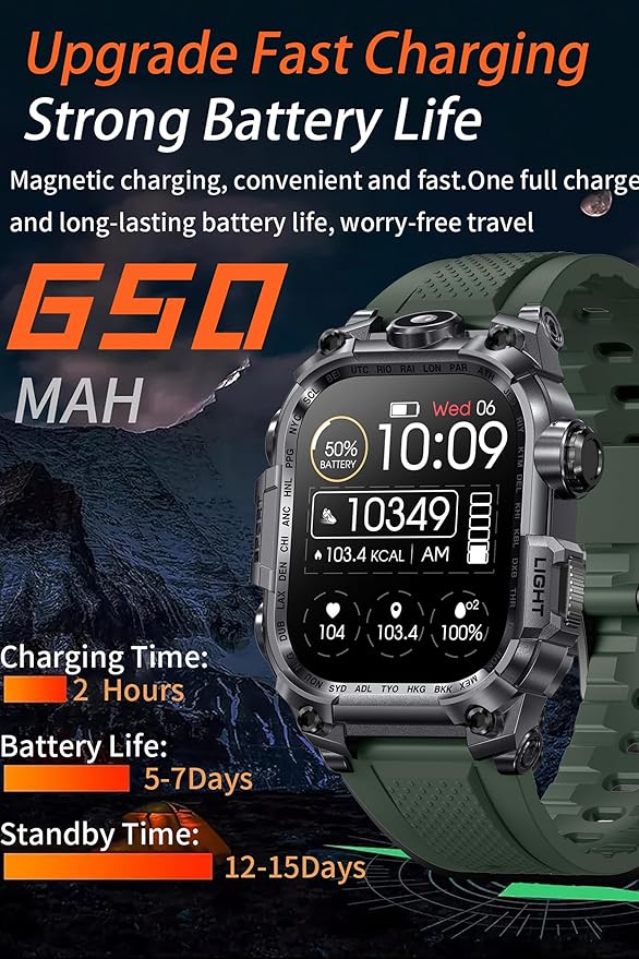 Tough Smart Watch for Working Men with Flashlight, 2.01" HD Ultra Large Rugged Smartwatch Bluetooth Call/Heart Rate/Sleep Monitor Hiking Camping Fitness Track Watches