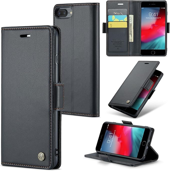 for iPhone 8 Plus & 7 Plus Case, Premium PU Leather Wallet Case Flip Cover with [RFID Blocking][Card Holder][Stand Function] Shockproof Protective for iPhone 8 Plus & 7 Plus, Black