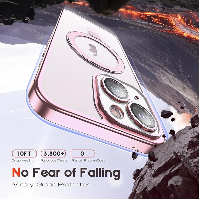 Compatible with Clear iPhone 17 Case with Magnetic Stand [Compatible with Mag-Safe][Full Camera Len Protectors] Shockproof Plating Phone Case for iPhone 17 6.3’’,Rose Gold