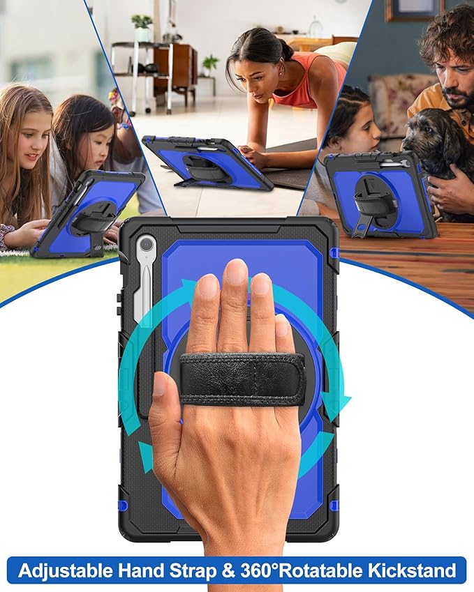 Case for Samsung Galaxy Tab S10 FE Plus 5G Tablet 13.1'', Shockproof Protective Cover with Tempered Glass Screen Protector, Rotatable Kickstand, S Pen Holder, Hand/Shoulder Strap, Blue