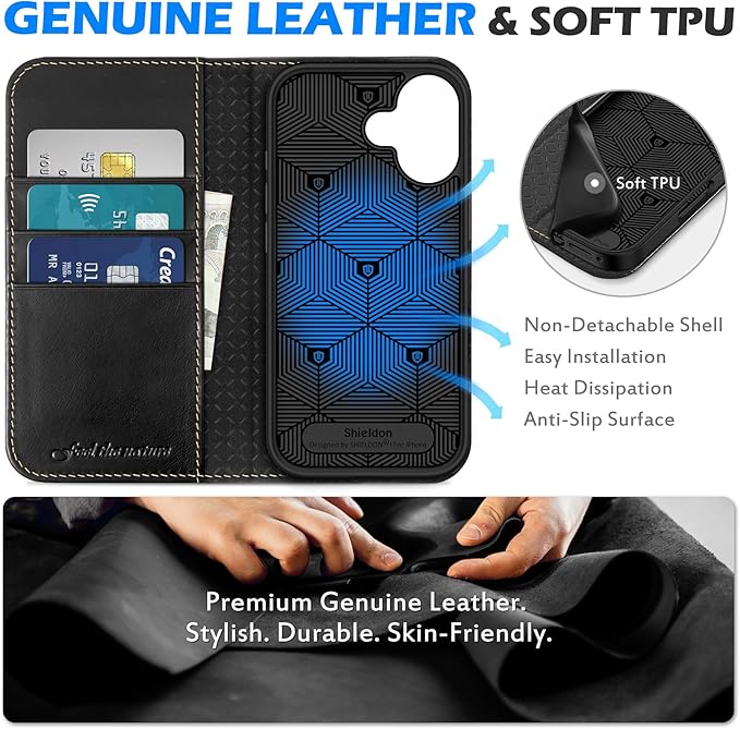 SHIELDON Genuine Leather Case Wallet for iPhone 17 6.3-inch 5G 2025 | Folio, Magnetic Closure, RFID Blocking 3 Card Slots, Kickstand, Book Design, Full Protective Cover - Retro Black