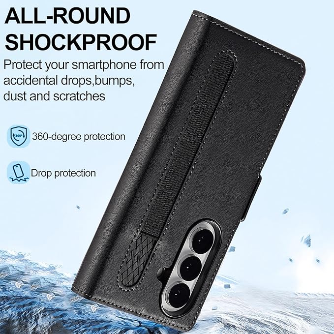 HXY Wallet Case for Samsung Galaxy Z Fold 7 with S Pen Holder, PU Leather Magnetic Flip Case for Men Women with Card Holder Kickstand Shockproof Protection Case for Galaxy Z Fold 7 2025 (Black)