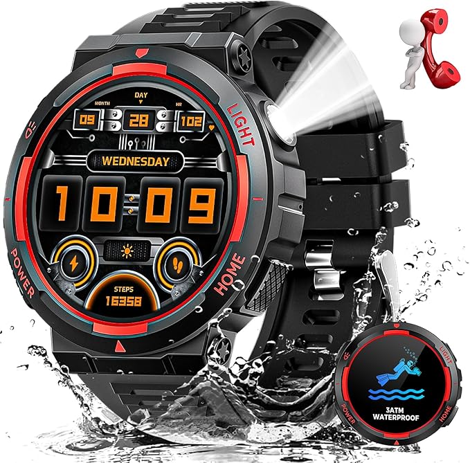 Military Smart Watch for Men with LED Flashlight Tactical Smart Watch 1.53”HD Screen Rugged Smartwatch 3ATM Waterproof 100+ Sports Fitness Tracker with Heart Rate Monitor for iOS Android