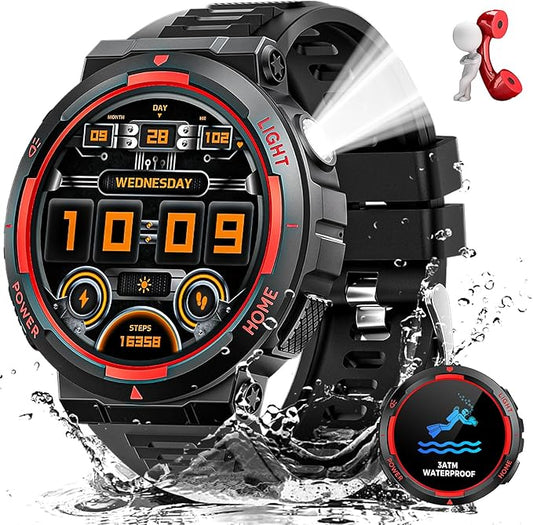 Military Smart Watch for Men with LED Flashlight Tactical Smart Watch 1.53”HD Screen Rugged Smartwatch 3ATM Waterproof 100+ Sports Fitness Tracker with Heart Rate Monitor for iOS Android