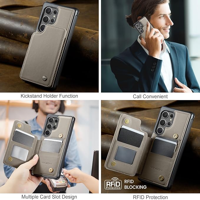 Vinich for Samsung Galaxy S24 Ultra Wallet Case with Card Holder, RFID Blocking Credit Slots Kickstand Shockproof Phone Cover for Women Men, Gray