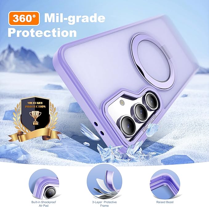 for Samsung Galaxy S23 FE Case with 360° Rotatable Magnetic Ring Stand Compatible with Mag-Safe Military Protection Shockproof Matte Translucent Phone Case for Galaxy S23 FE,Purple