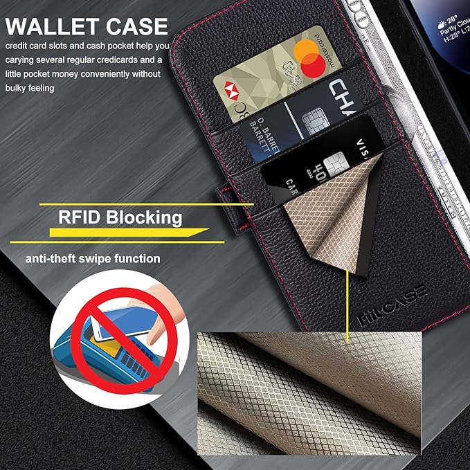 Case for iPhone 16e 6.1", Genuine Leather Wallet Magnetic Cover RFID Blocking Card Slot Kickstand Shock-Absorbent TPU Phone Holder Case Compatible with iPhone 16e 2025 5G (Black)