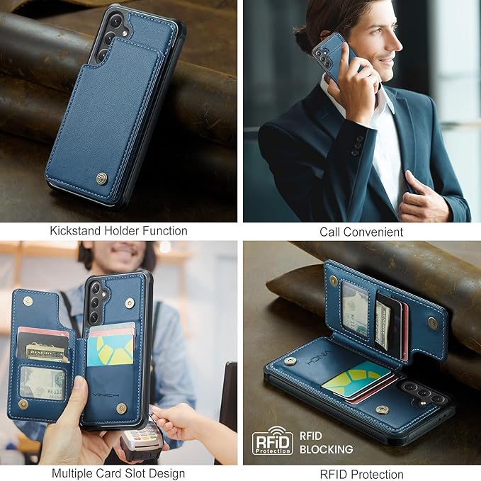 Vinich for Samsung Galaxy S24 FE Wallet Case with Card Holder, RFID Blocking Credit Slots Kickstand Shockproof Phone Cover for Women Men, Blue