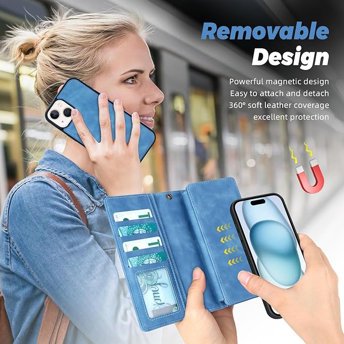 TwoHead Wallet Case Compatible with iPhone 15,Detachable Magnetic Phone Case,All-Round Protective Leather Phone Case with Card Holder,6.1 in,Sky Blue
