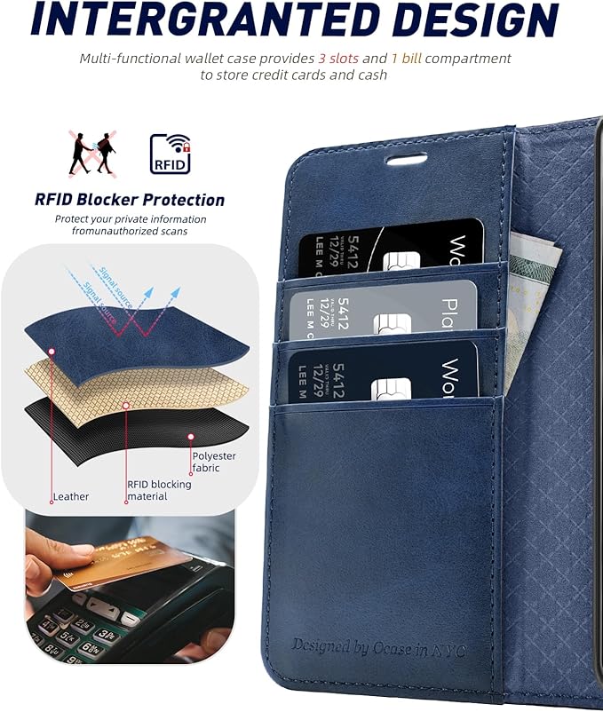 OCASE Compatible with Galaxy S24 5G Wallet Case, PU Leather Flip Folio Case with Card Holders RFID Blocking Kickstand [Shockproof TPU Inner Shell] Phone Cover (2024), Blue