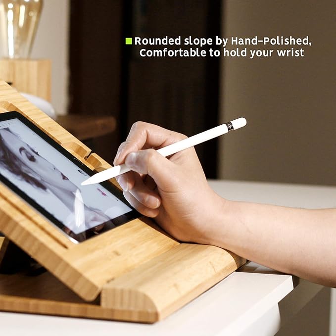 ELETIUO Tablet Stand Holder Adjustable Foldable,Multi-Angle Bamboo Wooden Organizer Desktop Holder for iPad,Stable for Drawing,Watching,Typing (Support Multiple Devices)
