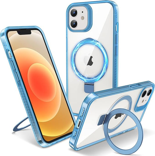 Magnetic Case for iPhone 12/12 Pro - [Built-in Invisible Stand] [Compatible with MagSafe] [Military Grade Drop Protection] Anti-Yellowing Hard Back Silicone Edge Cover, 6.1", Clear Blue