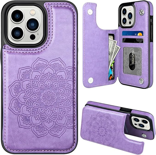 MMHUO for iPhone 14 Pro Case with Card Holder,Flower Magnetic Buttons Protective Wallet Case for Women for iPhone 14 Pro,Purple