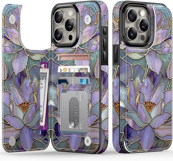 FUNMIKO for iPhone 13 Pro Max Wallet Case with Card Holder, RFID-Blocking, Military-Grade Protection & UV-Printed Artwork, Magnetic Closure with Leather Kickstand - Dreamy Lotus