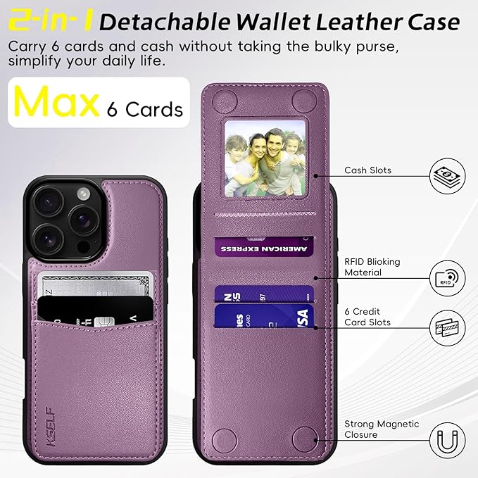 for iPhone 16 Pro Max Leather Wallet Case, Compatible with Magsafe, 2 in 1 Detachable Magnetic Card Holder, RFID Blocking Kickstand Credit Slots Flip Case for Men Women, Purple