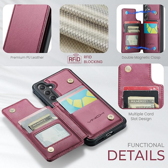 Vinich for Samsung Galaxy S24 FE Wallet Case with Card Holder, RFID Blocking Credit Slots Kickstand Shockproof Phone Cover for Women Men, Wine Red