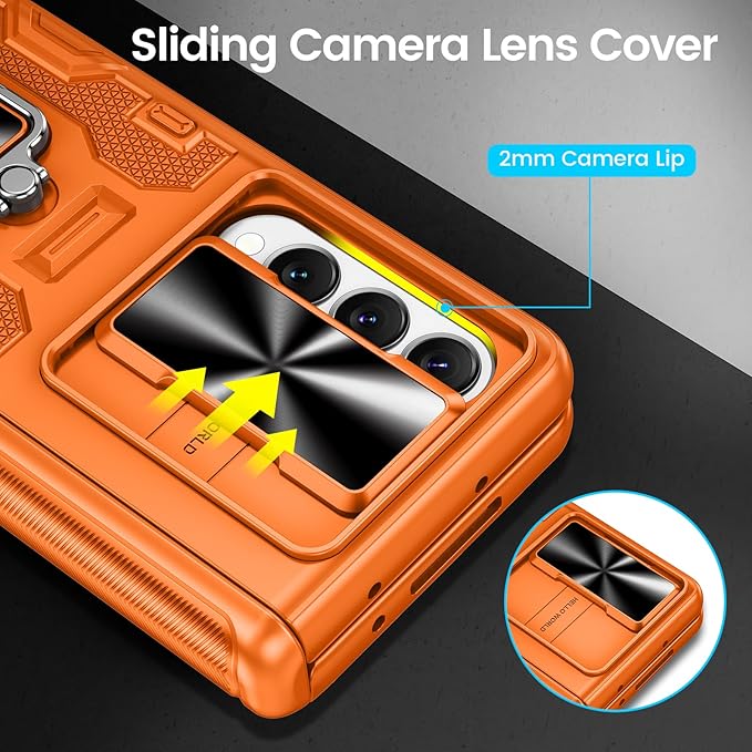 VEGO for Galaxy Z Fold 4 Case with Belt Clip Holster, 360°Ring Magnetic Kickstand & Camera Cover & Front Screen Protector, Hinge Protection Shockproof Armor Cover - Orange