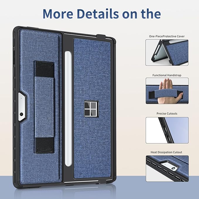 SSSGRGB Case fit Microsoft Surface Pro 11/10/9/8 13-Inch, with Stent Cover, Hand Strap, All-in-one Rugged Case Compatible with Type Cover Keyboards, Navy Blue