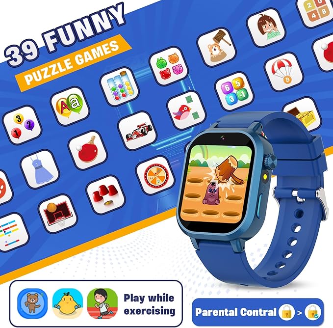 Vakzovy Kids Waterproof Smart Watch Boys Gift Age 4-12, Kids Watch with 39 Games Video Camera Music Player Alarm Clock Pedometer Calculator Habit Tracking Birthday Gift for 6 7 8 9 Year Olds Boys