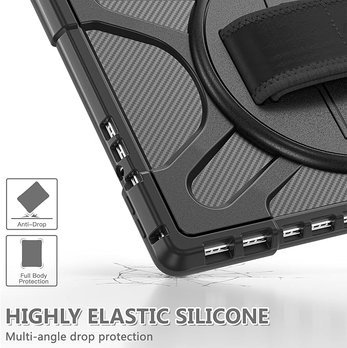 Junfire Protective Case for Microsoft Surface Pro 11/Pro 10/Pro 9, Shockproof Rugged Case 13 inch with 360°Rotatable Kickstand/Hand Strap/Stylus Holder, Compatible with Type Cover Keyboard-Black