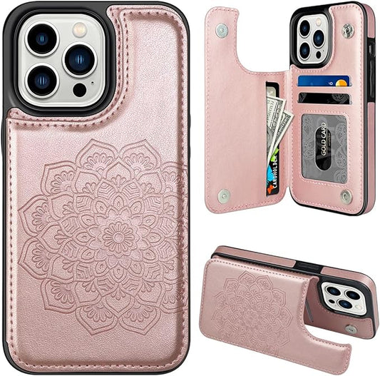 MMHUO for iPhone 14 Pro Case with Card Holder,Flower Magnetic Buttons Protective Wallet Case for Women for iPhone 14 Pro,Rose Gold