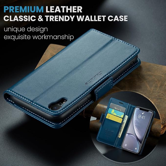 for iPhone XR Case, Premium PU Leather Wallet Case Flip Cover with [RFID Blocking][Card Holder][Stand Function] Shockproof Protective for Apple iPhone XR, Blue